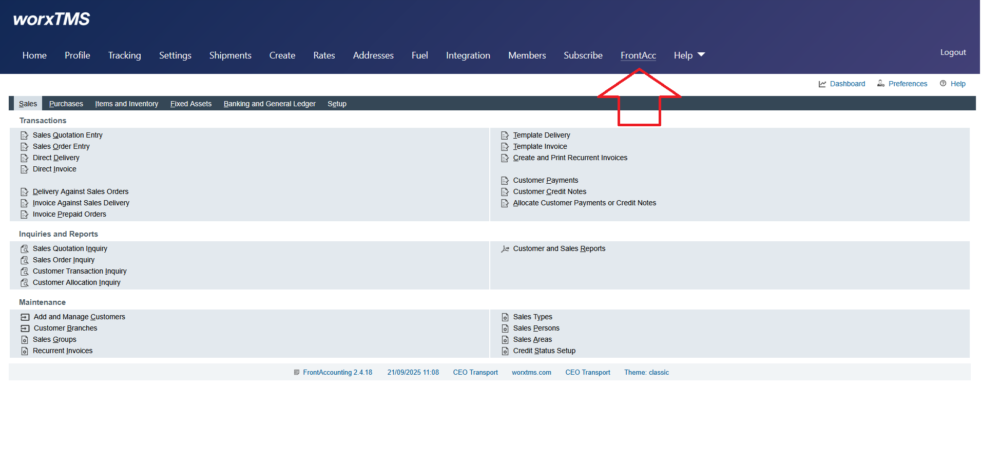 FrontAcc Menu Item in worxTMS
