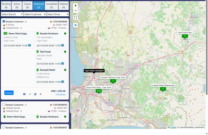 All drops delivered with PODs (green dots), ready to invoice