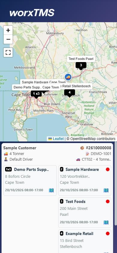 A job on the driver's phone, with the numbered stops on the map