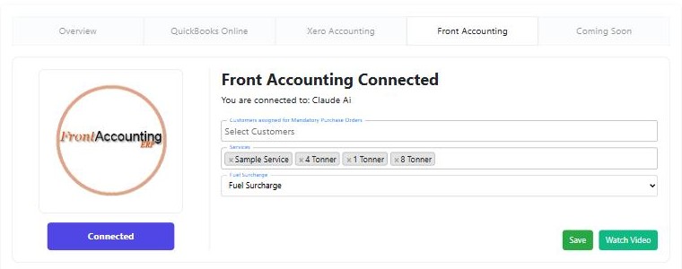 The Integration page, with tabs for QuickBooks Online, Xero Accounting and Front Accounting (FrontAccounting connected here)