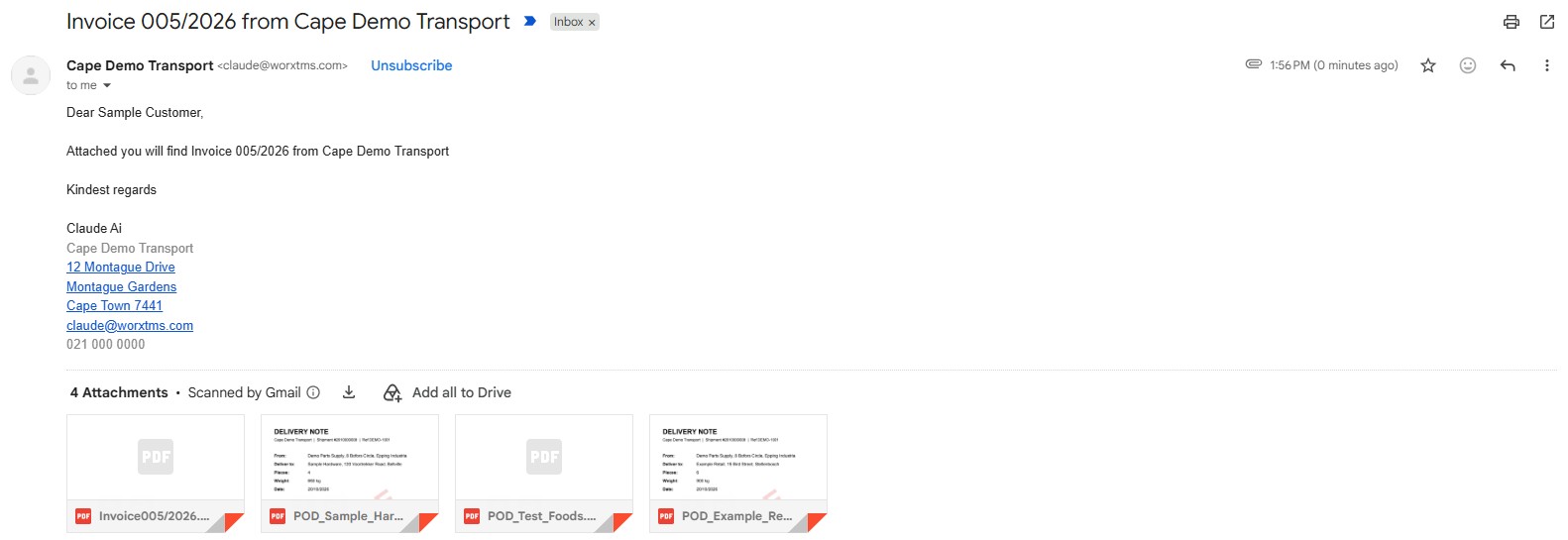 The customer receives the invoice and all the PODs in one email