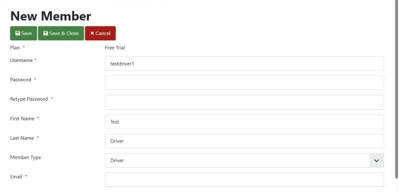 Members, New: username, password, names, member type and email