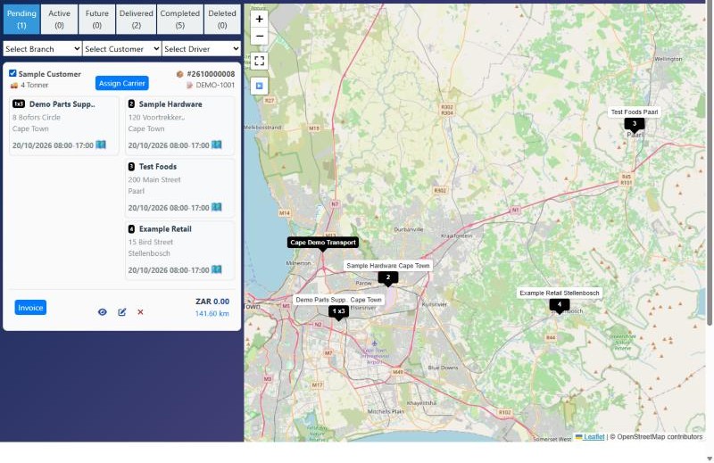 Your job on the Shipments page, with its stops on the map