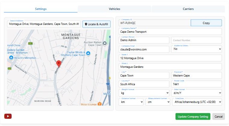 The Settings tab: address and map on the left, company details and formats on the right