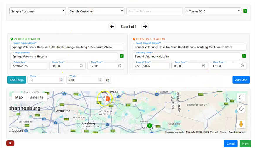 The Create page with pickup, delivery, pieces and weight filled in