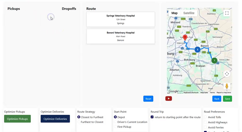 The Route page with the pickup and delivery in order