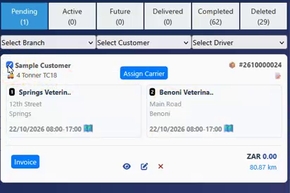 The new shipment card in the Pending tab with the Assign Carrier button