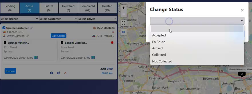 The Change Status box with Accepted, En Route, Arrived and Collected