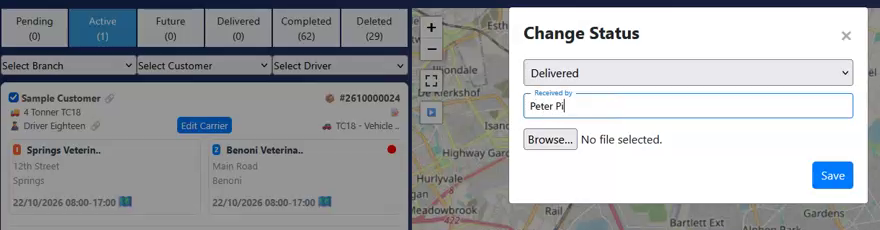 Change Status set to Delivered with Received by and the POD Browse button
