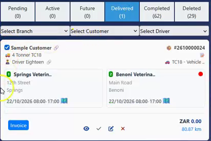 The shipment in the Delivered tab with a red POD dot