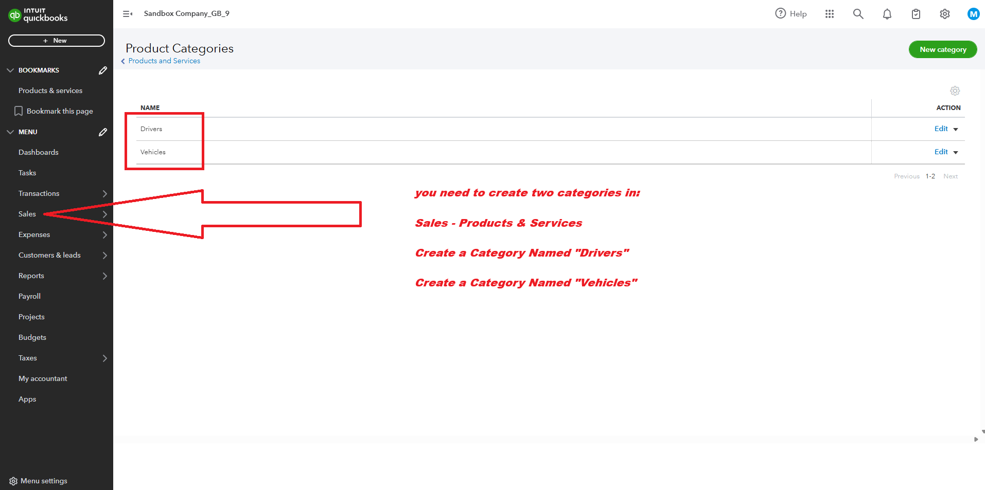 QBO Categories Setup