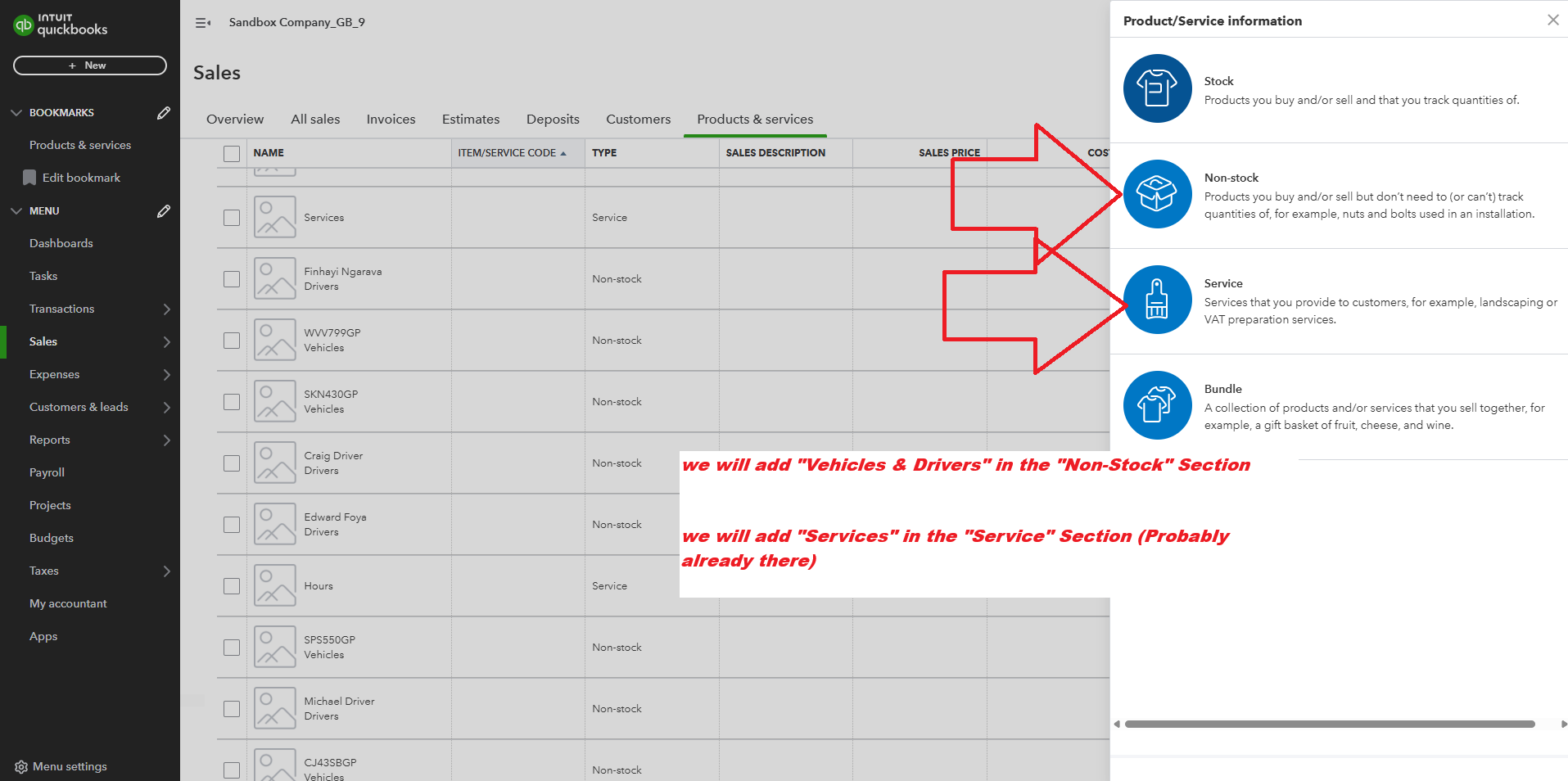QBO Non-Stock and Service Setup