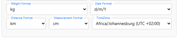 Weight, Date, Distance and Measurement Format and TimeZone