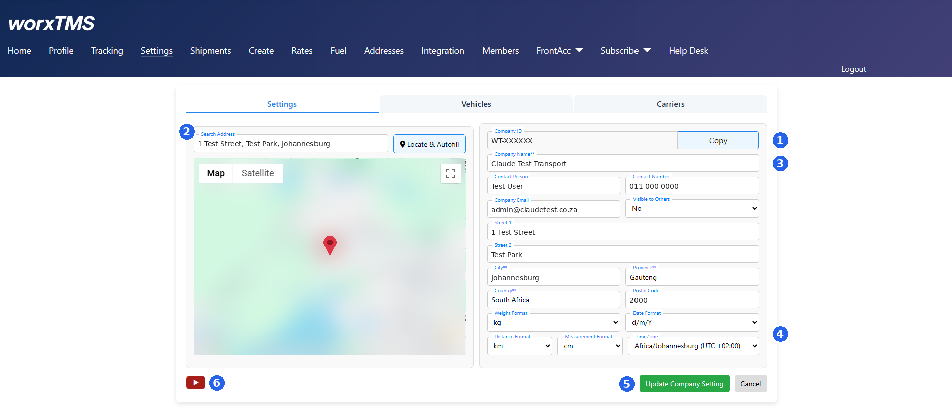 The worxTMS Settings tab with its six areas numbered