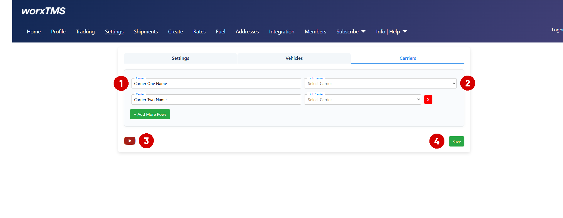 worxTMS Settings Carriers