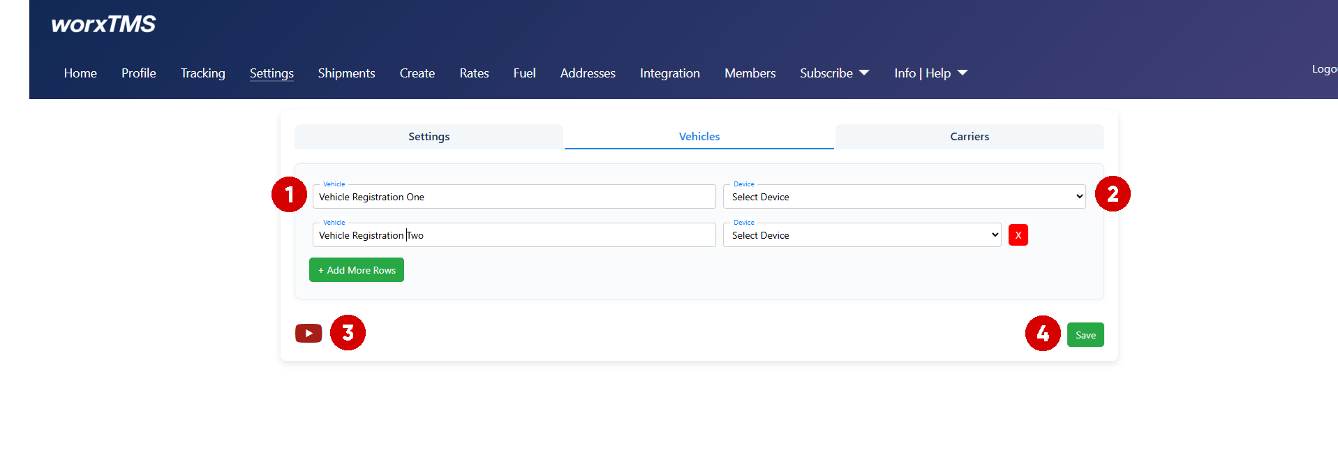 worxTMS Settings Vehicles